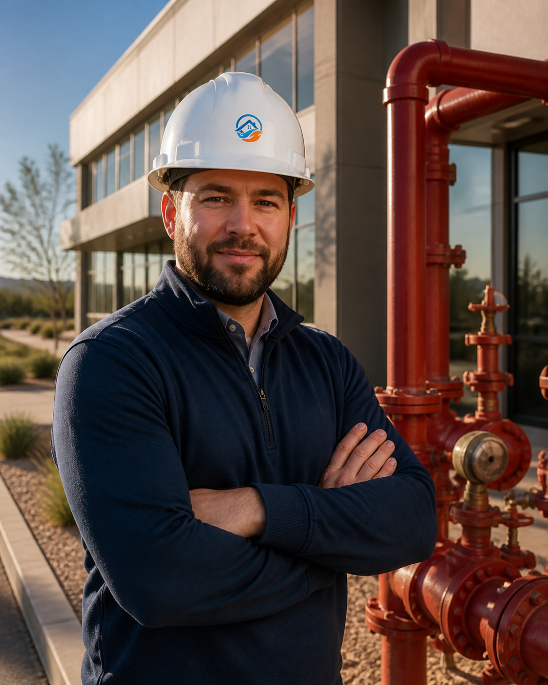 ResWise fire protection consultant beside a sprinkler riser